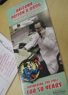 Arizona Poison and Drug Information Center brochure featuring a vintage photo of a man on the phone in a lab coat with the text ‘Answering the call for 50 years.